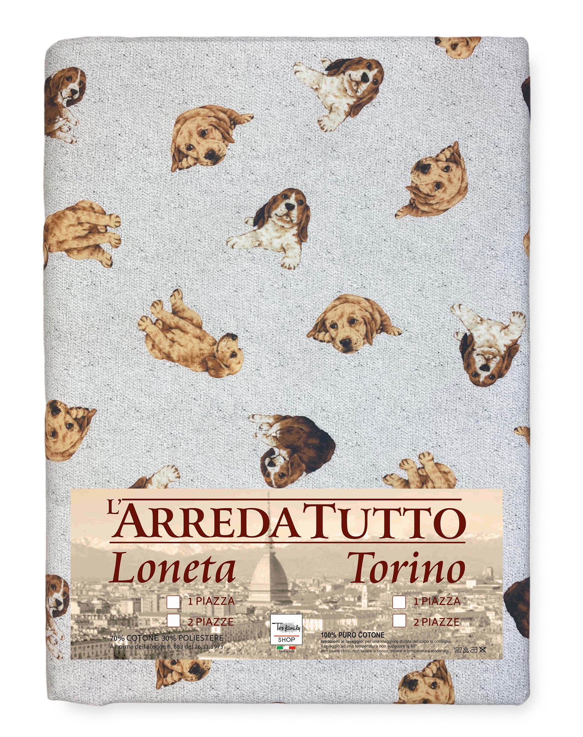 TELO ARREDO copritutto GRAN FOULARD COPRILETTO copridivano tessuto DIGITY  CANI grigio chiaro in puro cotone Misura 1 PIAZZA