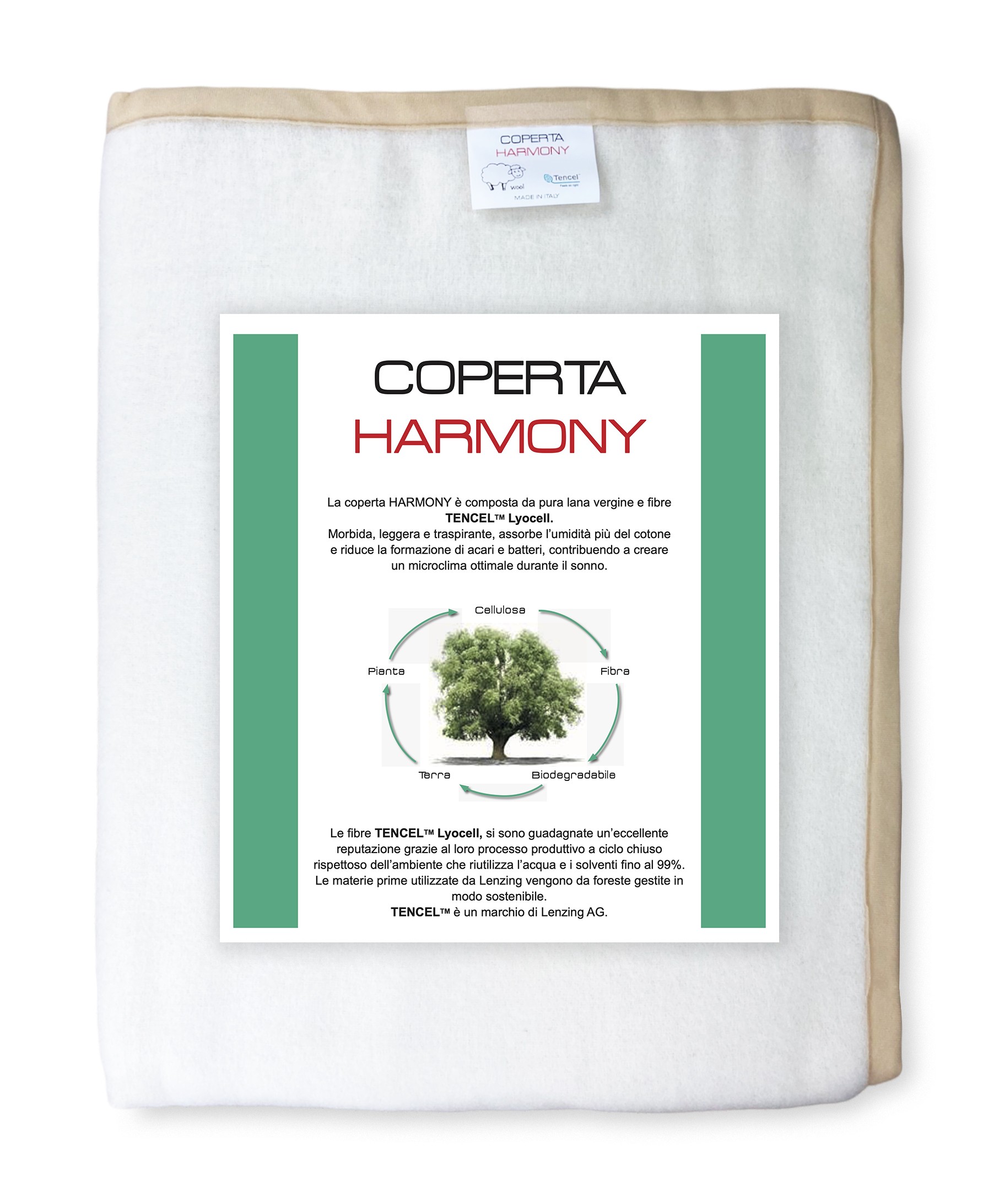 COPERTA HARMONY Peso Medio in PURA LANA VERGINE E TENCEL estratto da  Eucalipto e Faggio Misura 1 PIAZZA