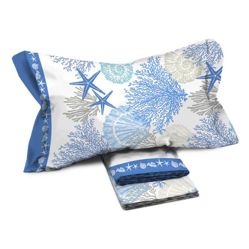 MAXI Doppelbettlaken-Set mit blauem Korallenmuster - 100% Baumwolle