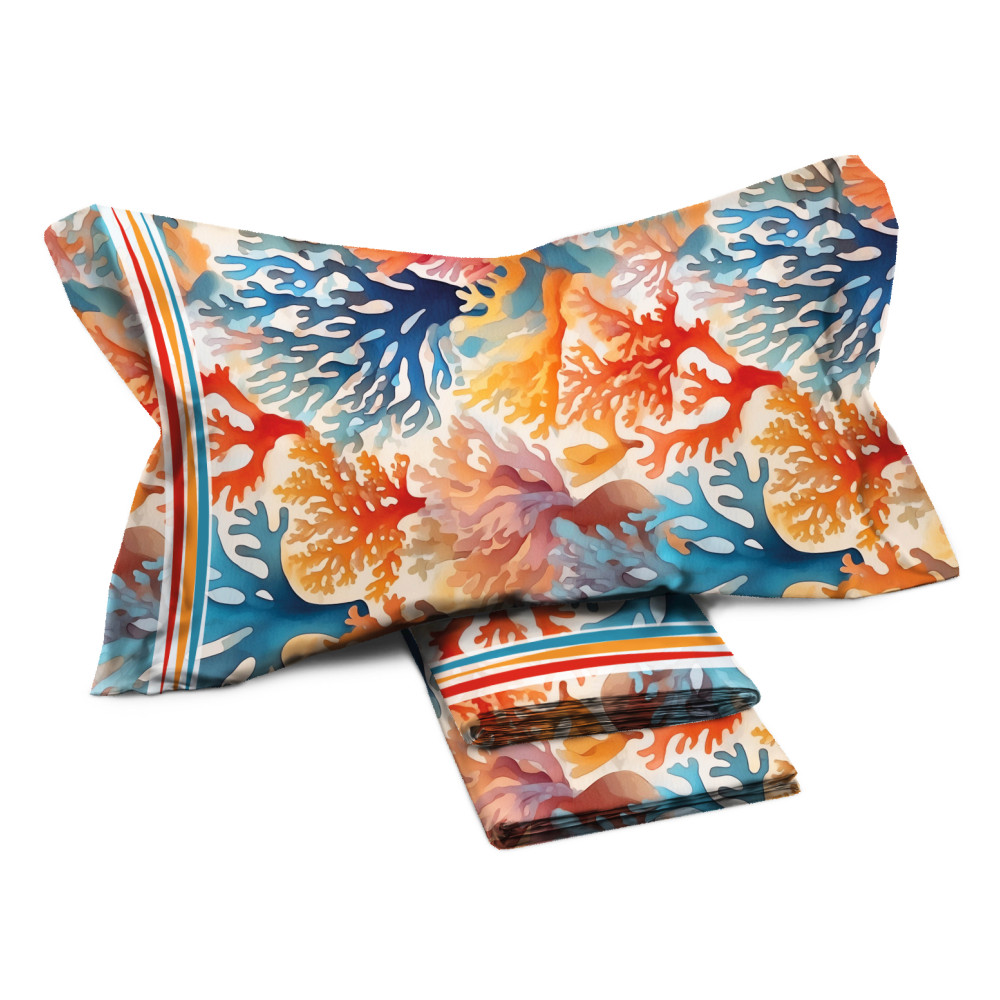 Ensemble de draps de lit double MAXI à motif corail multicolore - 100 % coton Ensemble de draps de lit double MAXI à motif corail multicolore - 100 % coton