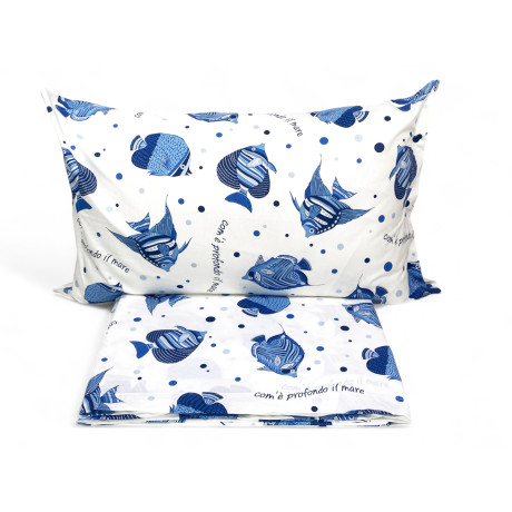 "How Deep is the Sea" bed set with blue fish print on a white background