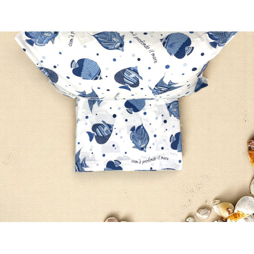 Parure de lit marine taie d’oreiller poisson et pois bleus en 100 % coton