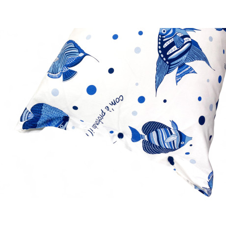 "How Deep is the Sea" bed set with blue fish print on a white background