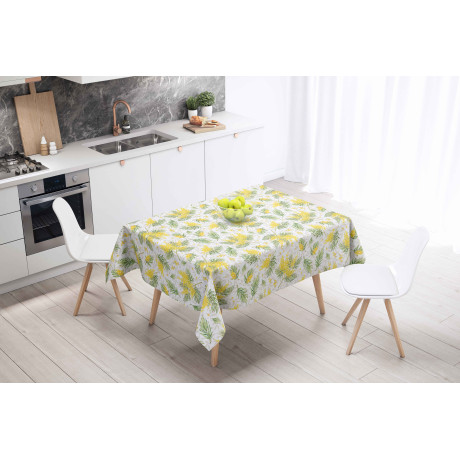 Nappe LIMA Mimosa – Vue sur l’ensemble de la cuisine moderne – Effet lin PVC