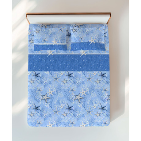 Blue linen set with starfish and corals – double bed view