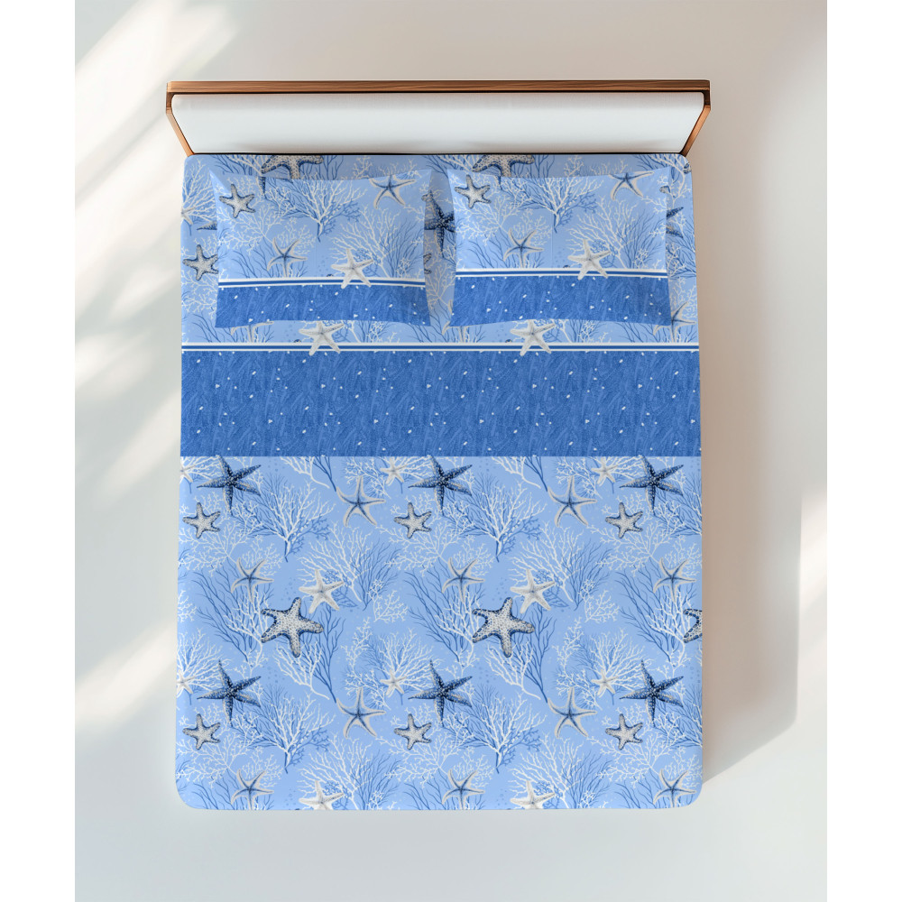 Parure de lit bleu avec étoile de mer et coraux – vue lit double Parure de lit bleu avec étoile de mer et coraux – vue lit double