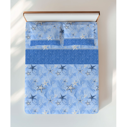 Completo lenzuola blu con stelle marine e coralli – vista letto matrimoniale