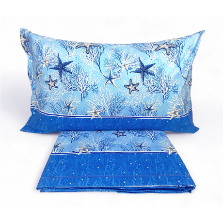 Parure de lit bleu avec étoile de mer et coraux – vue lit double