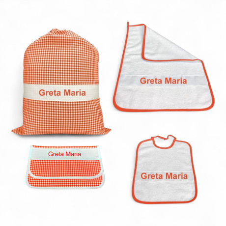 4-piece kindergarten set with embroidered name – sachet, sack, bib and towel