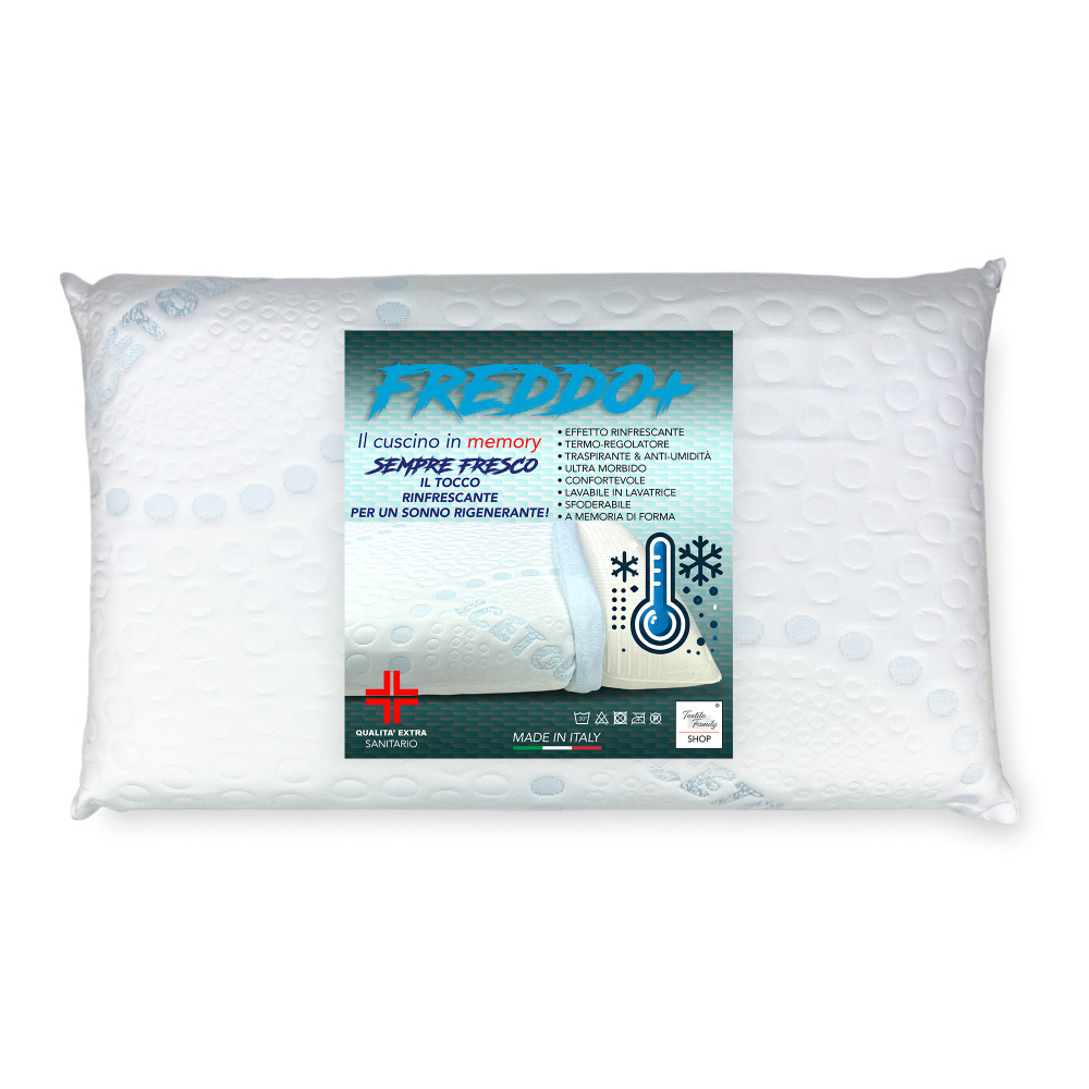 Cuscino FREDDO+ Memory Foam Ice-Touch vista frontale con fodera rinfrescante Cuscino FREDDO+ Memory Foam Ice-Touch vista frontale con fodera rinfrescante