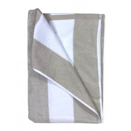 Taupe-beige gestreiftes Strandtuch aus weicher Baumwolle, geeignet für Strand oder Schwimmbad
