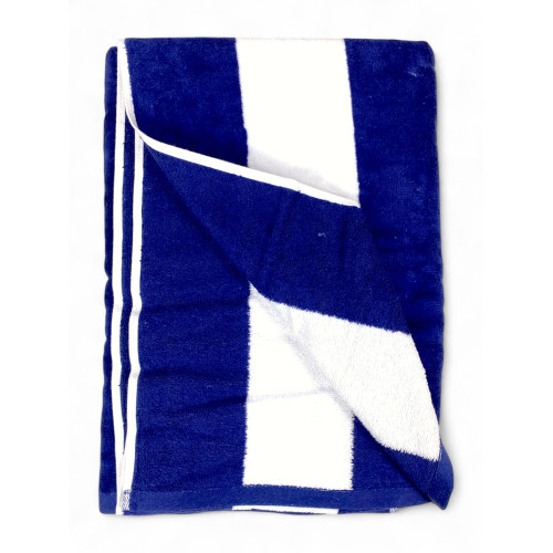 Cotton terry beach towel with folded blue stripes and finished edges