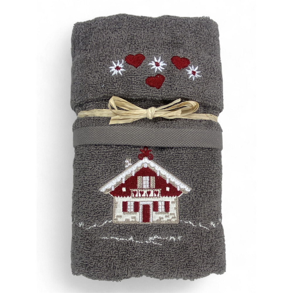 Set asciugamani Tirolese Tirolo grigio con ricamo casetta alpina in spugna 100% cotone