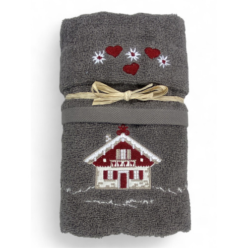 Grey Tyrolean Tyrolean towel set with embroidery alpine house made of 100% cotton terry cloth