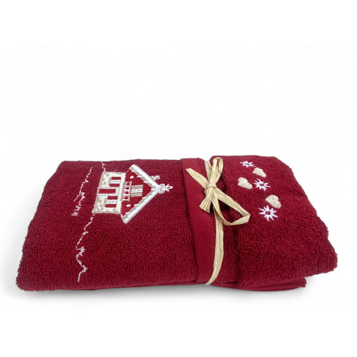 Set bagno Tirolo bordeaux in cotone con casetta e decorazioni alpine