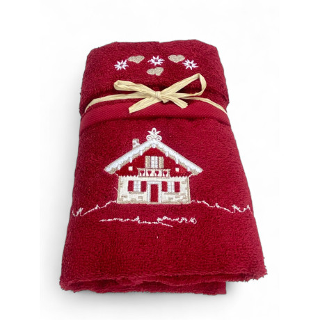 Burgundy towel with Tyrolean chalet embroidery and beige hearts in mountain style