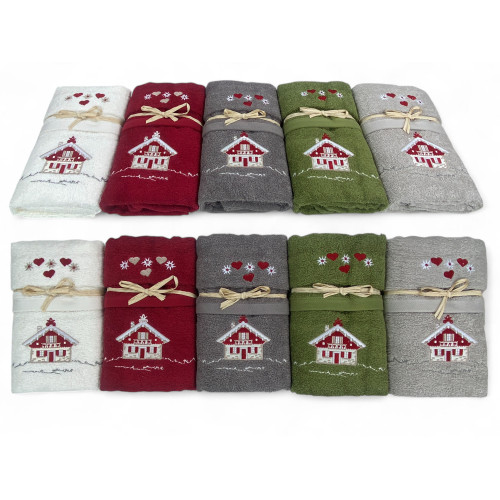 Tyrolean-style chalet towels in burgundy terry cloth with heart and star motifs