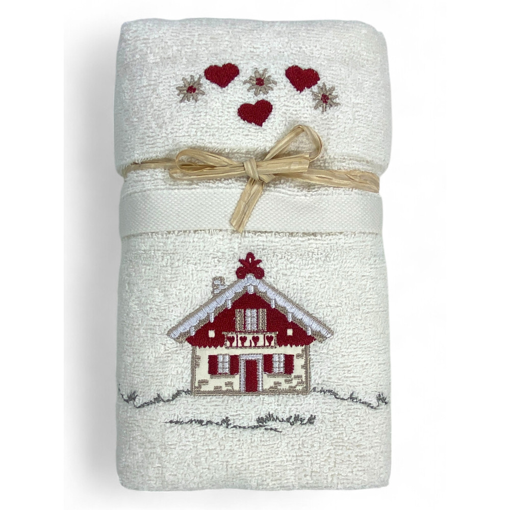 Ensemble de serviettes tyroliennes crème avec broderie maison alpine en tissu éponge 100 % coton Ensemble de serviettes tyroliennes crème avec broderie maison alpine en tissu éponge 100 % coton