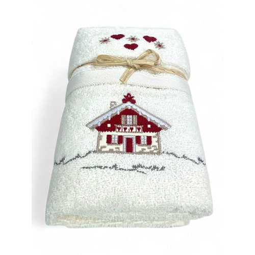 Cream towel Tyrol with chalet and red hearts embroidered in mountain style