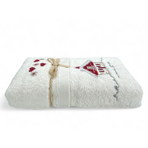 Tyrolean bath set in cream terry cloth with embroidered chalet-themed details