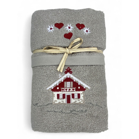 Ensemble de serviettes tyroliennes taupes avec broderie de maison tyrolienne sur tissu éponge 100 % coton