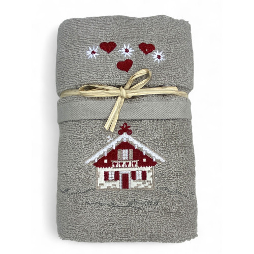 Taupe Tyrolean towel set with Tyrolean house embroidery on terry cloth 100% cotton