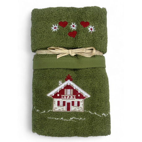 Green Tyrolean towel set with chalet house embroidery on 100% cotton terry cloth