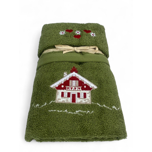 Tyrol green towel with red hearts and embroidered edelweiss