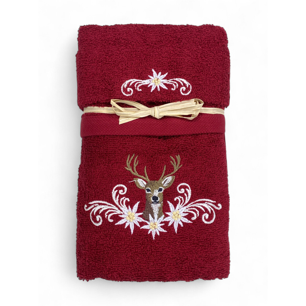 Set asciugamani bordeaux Tirolese con ricamo cervo e stelle alpine su spugna 100% cotone Set asciugamani bordeaux Tirolese con ricamo cervo e stelle alpine su spugna 100% cotone