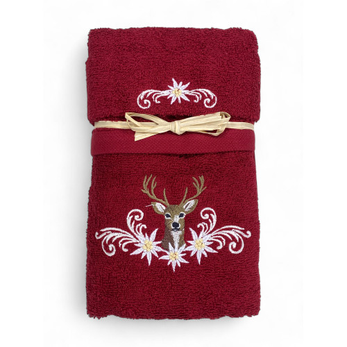Serviette tyrolienne bordeaux avec broderie cerf et edelweiss sur tissu éponge 100 % coton