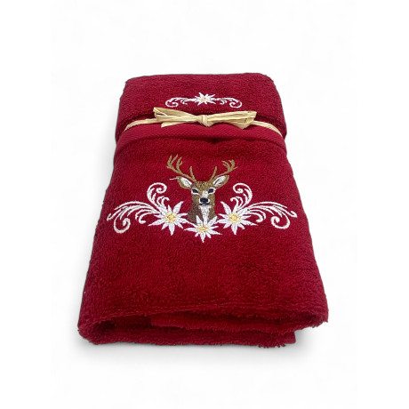 Serviette tyrolienne bourguignonne avec cerf central brodé et fleur d’edelweiss