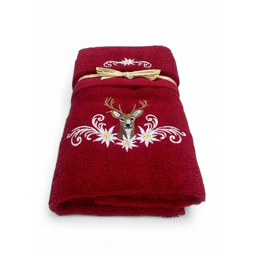 Burgundy Tyrolean towel with embroidered central deer and edelweiss flower