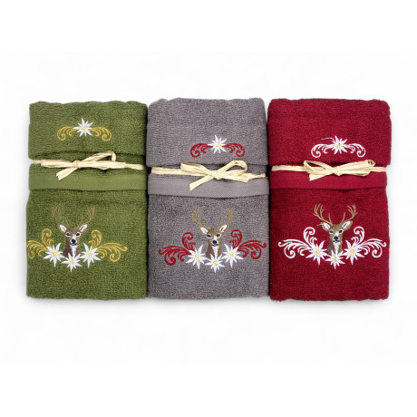 Spugna cotone bordeaux con ricamo cervo e decori floreali - stile montano