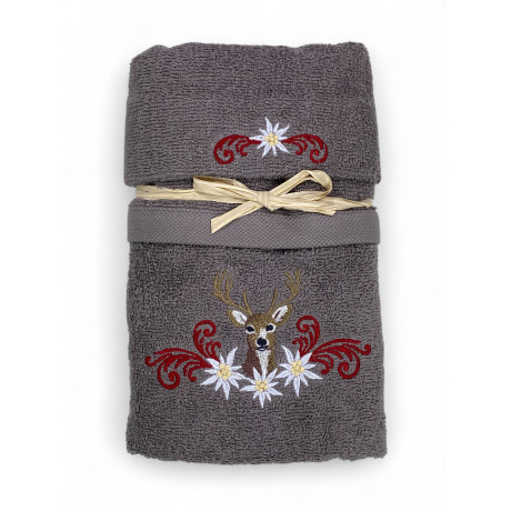 Set asciugamani grigio Tirolese con ricamo cervo e stelle alpine su spugna 100% cotone
