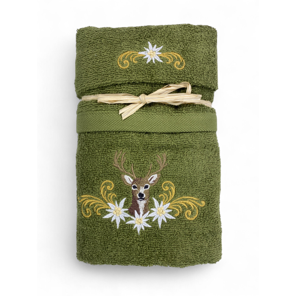 Set asciugamani verde Tirolese con ricamo cervo e stelle alpine bianche Set asciugamani verde Tirolese con ricamo cervo e stelle alpine bianche