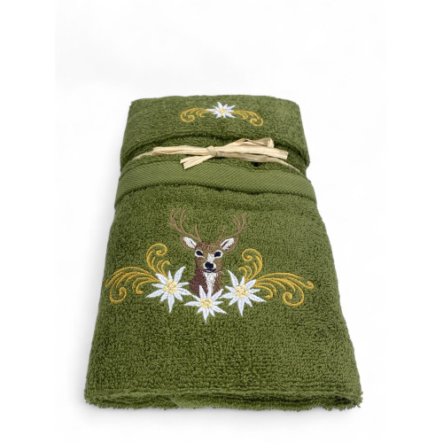 Asciugamani bagno verde in cotone con cervo ricamato e decori dorati