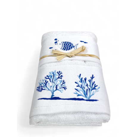 Asciugamano mare bianco - ricamo pesci blu e coralli - Made in Italy