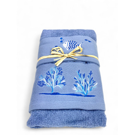 Blue beach towel - white fish and coral embroidery - Made in Italy