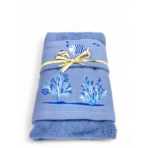 Asciugamano mare blu - ricamo pesci e coralli bianchi - Made in Italy