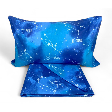 Blue duvet cover "Sleep Time" with zodiac signs on bed
