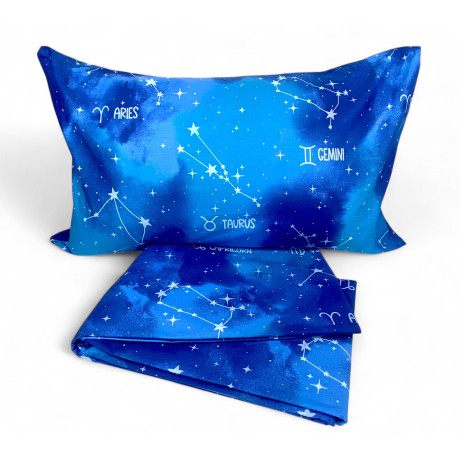 Blue sheets set with mystical zodiac signs on bed – Italian cotton