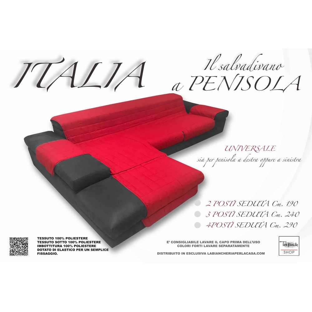 Salvadivano universale per divano a penisola stampato in tinta unita rosso  bordeaux Misura Seduta cm. 190