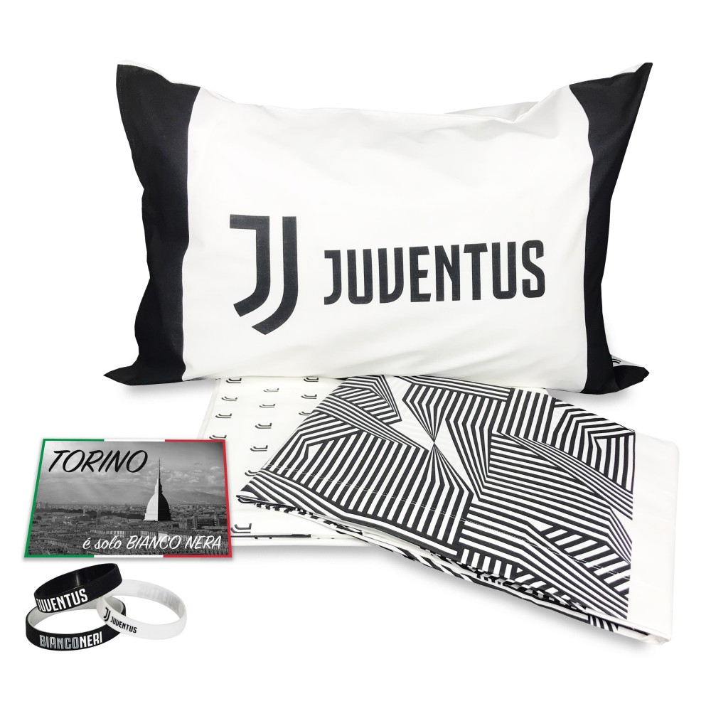 Completo lenzuola in puro cotone e braccialetto originale Juventus